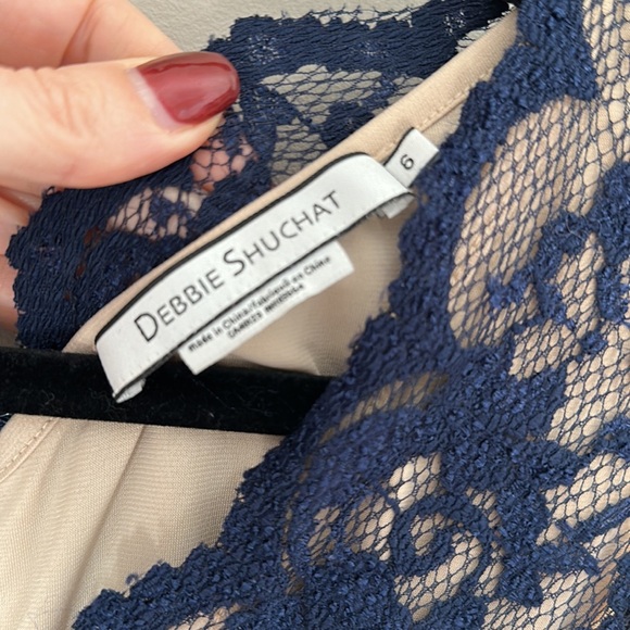 Debbie Shuchat bodycon dress navy lace overlay cross over size 6 - Picture 3 of 5